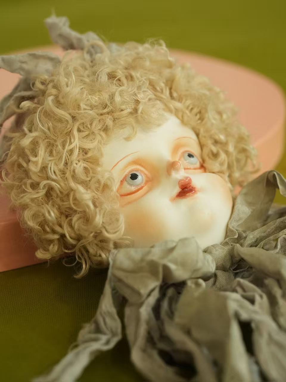 Vintage Grey Ribbon Doll Head Brooch